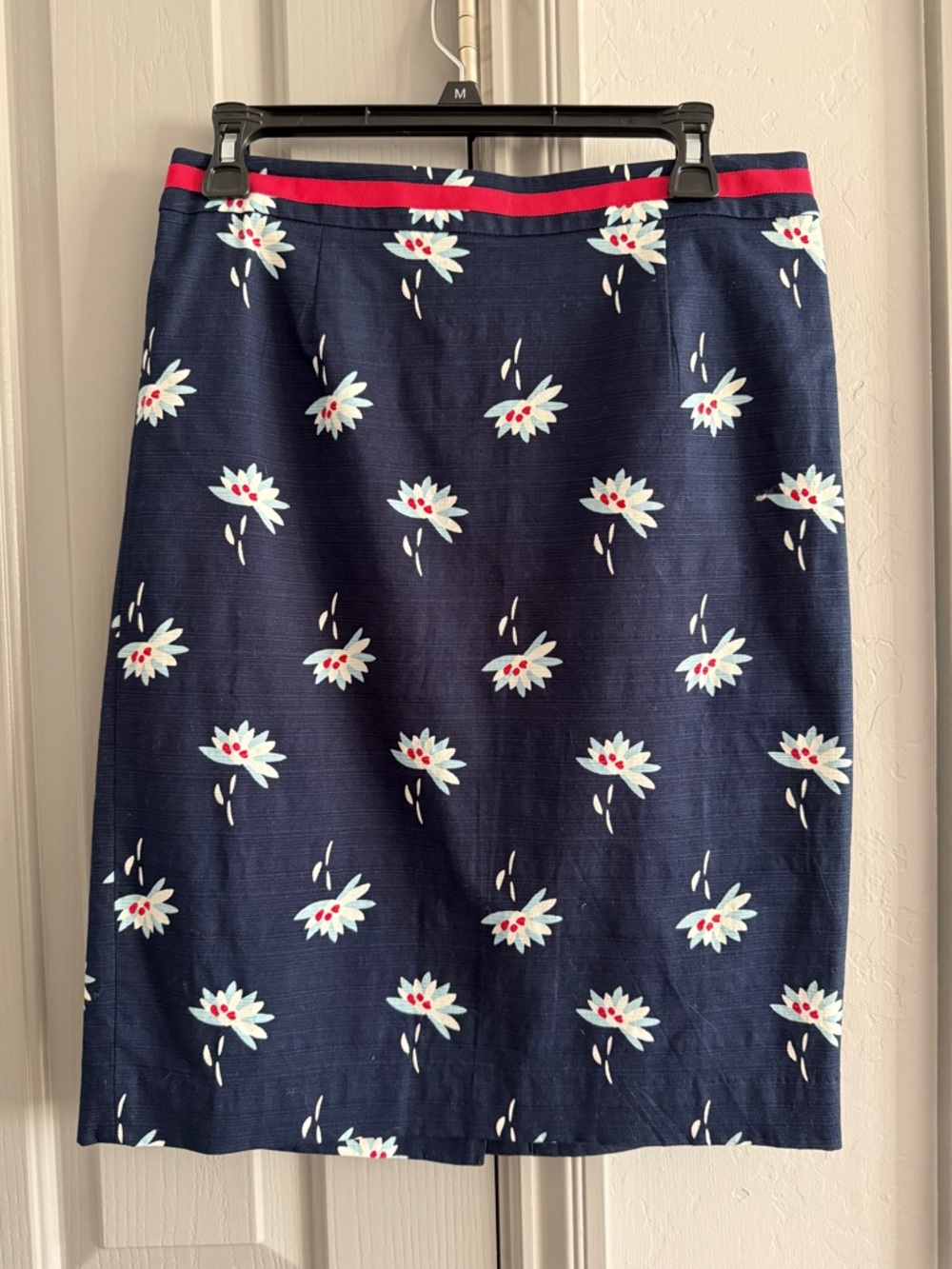 Boden Navy Pencil Skirt with Light Blue Floral and Red Waistband